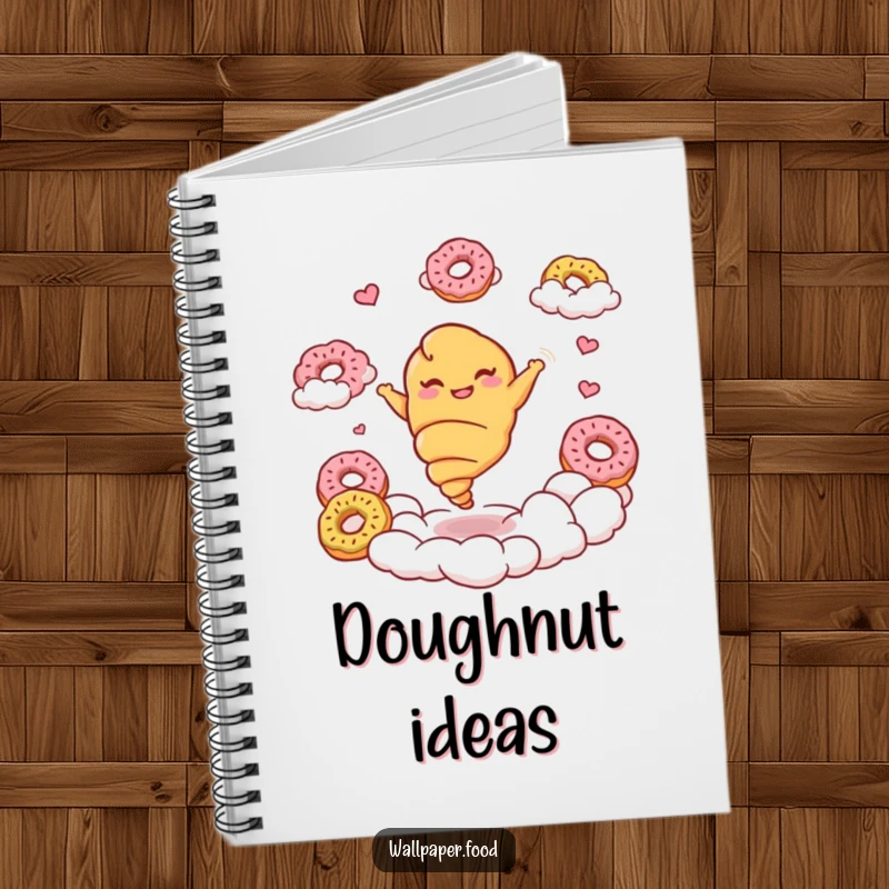 Funny croissant notebook with a giggling croissant character twirling amongst donut clouds, ideal for sketching dreams.