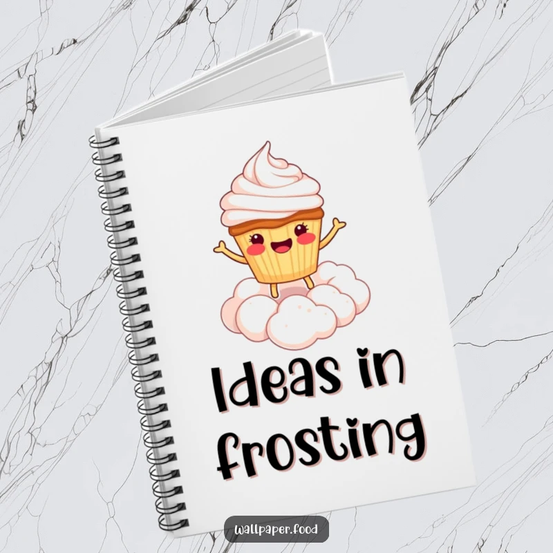 Funny notebook featuring a smiling cupcake character bouncing on a cloud of whipped cream, perfect for capturing sweet thoughts.