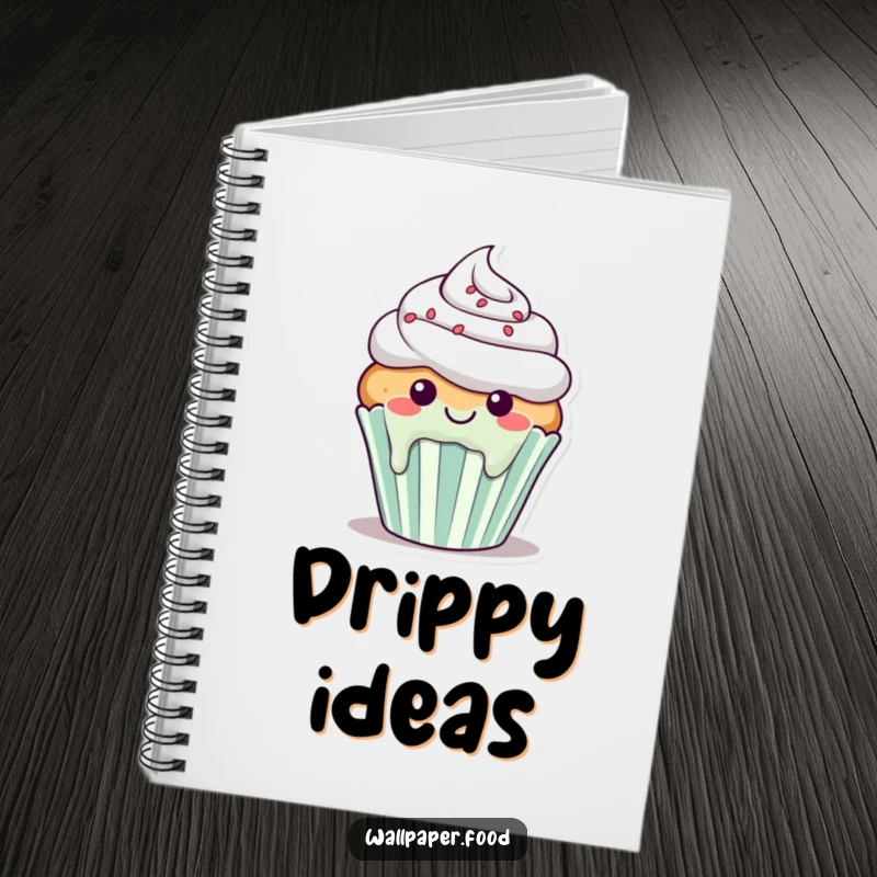 Funny notebook featuring a smiling cupcake character with frosting happily dripping down its sides, looking inviting.