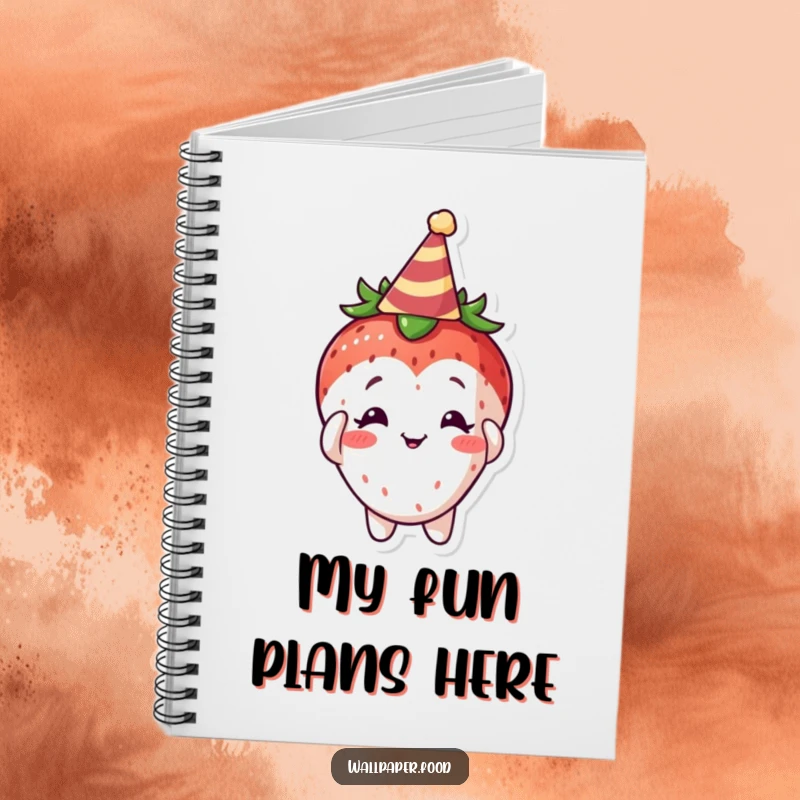 Funny Curious Strawberry Notebook, a cute berry character adjusting its party hat, perfect for jotting down fun ideas.