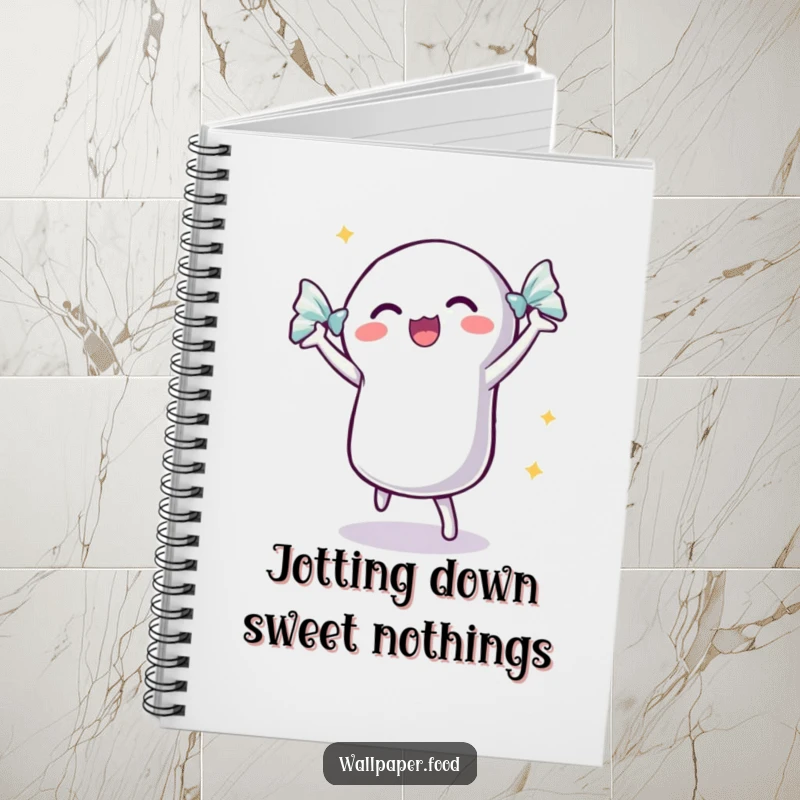 Funny dancing candy notebook with a shimmering wrapper, featuring an excited candy ready to jot down notes.
