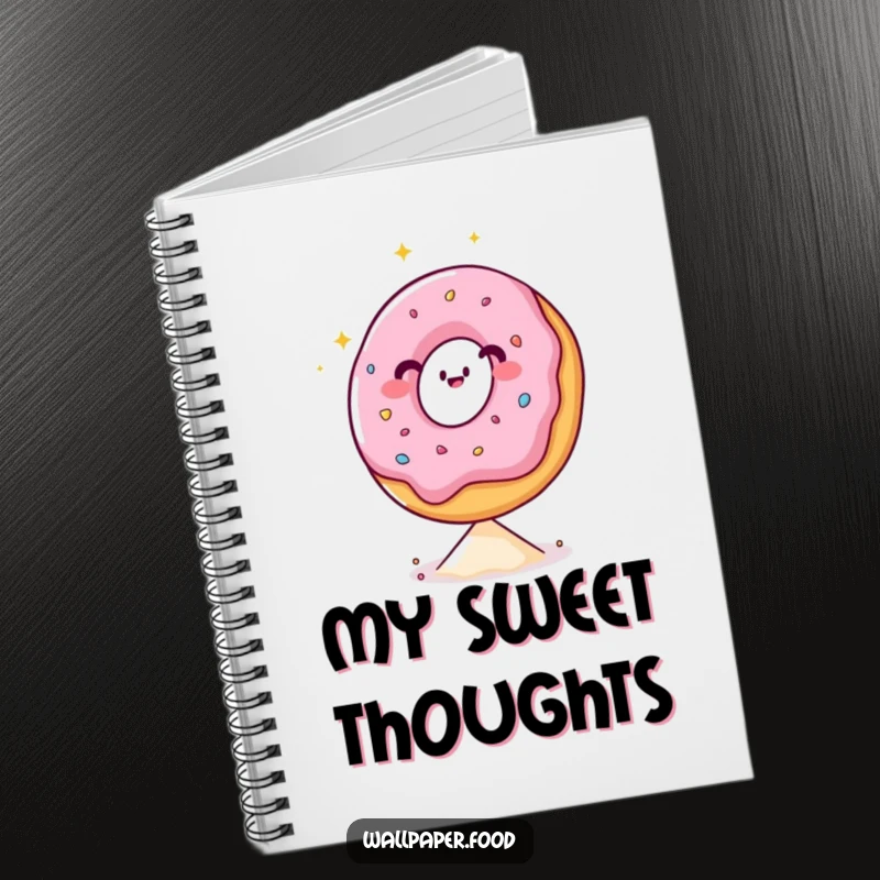 Funny notebook with a happy, sparkling donut character balancing precisely on a sprinkle, perfect for capturing thoughts.