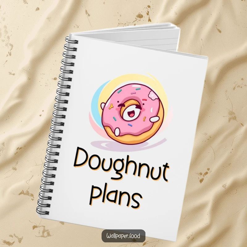 Funny donut notebook with a happy donut character rolling joyfully through a colorful swirl, ideal for jotting ideas.