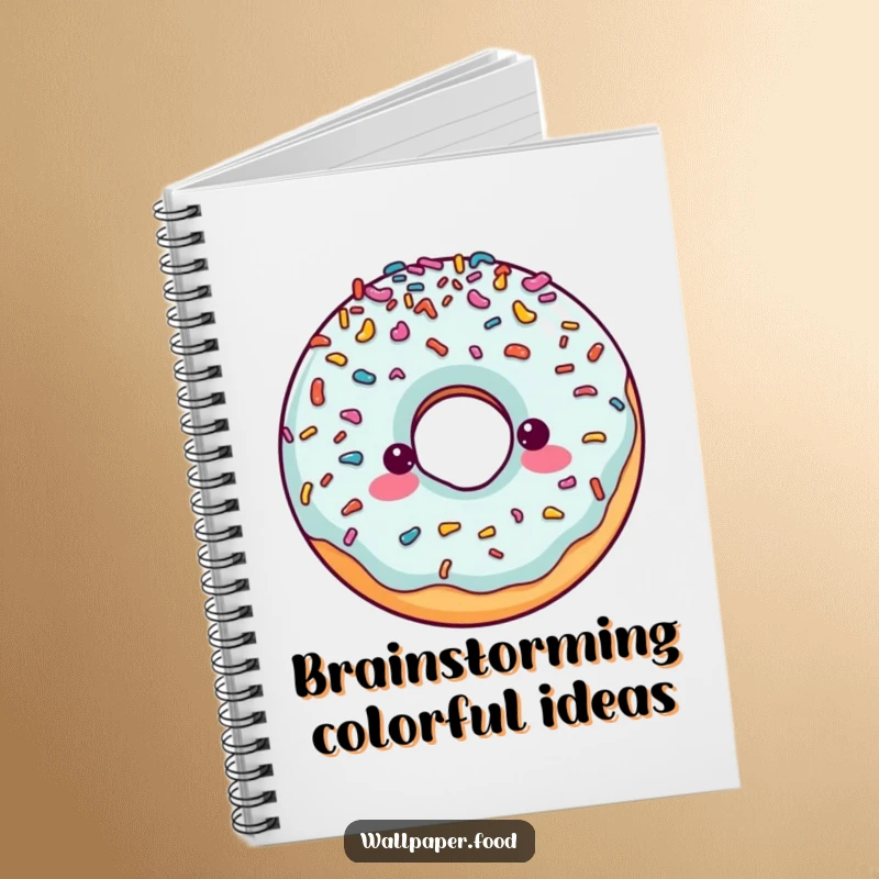 Funny notebook cover with a cheerful doughnut character generously covered in sprinkles, encouraging creative writing and note-taking.