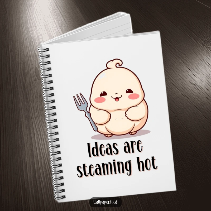 Funny dumpling notebook with a proud dumpling holding a tiny fork, ideal for writing notes and doodles.