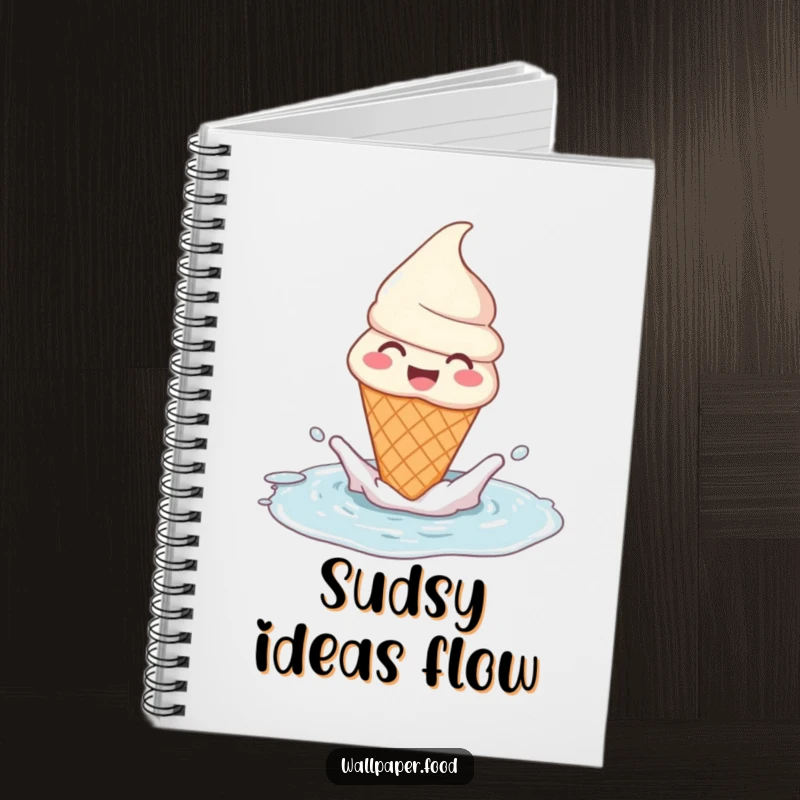 Funny ice cream cone notebook character making a splash in a puddle, ready for your notes and doodles.