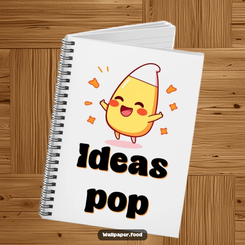 Funny notebook featuring a happy candy corn character laughing and bouncing off bubbly patterns, ideal for note-taking.