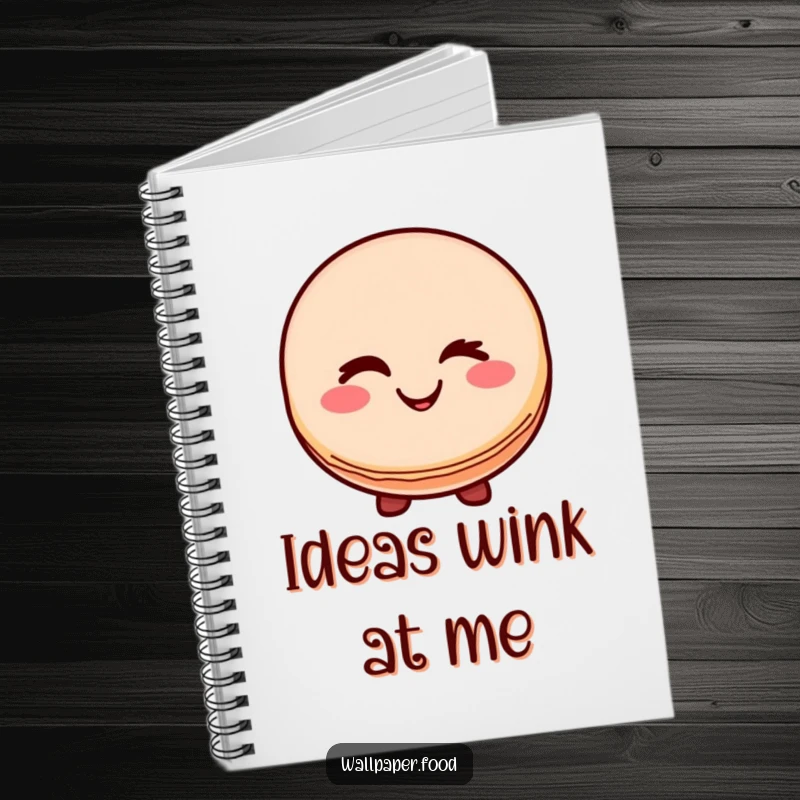 Funny notebook featuring a cute macaron character smiling and winking, inspiring sweet thoughts and creative writing.