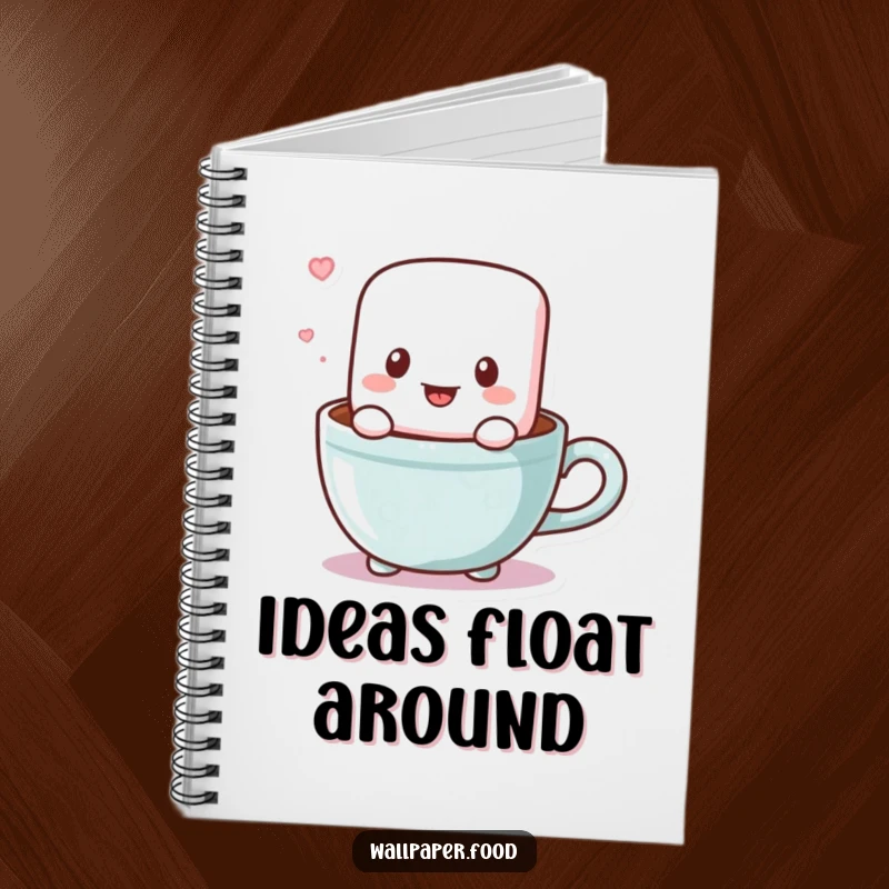Funny notebook featuring a cute marshmallow character bouncing in a cocoa cup, inspiring sweet thoughts and creative writing.