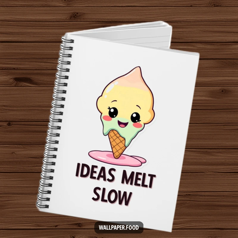 Funny notebook featuring a cute ice cream cone character melting happily, inspiring sweet thoughts and creative writing sessions.