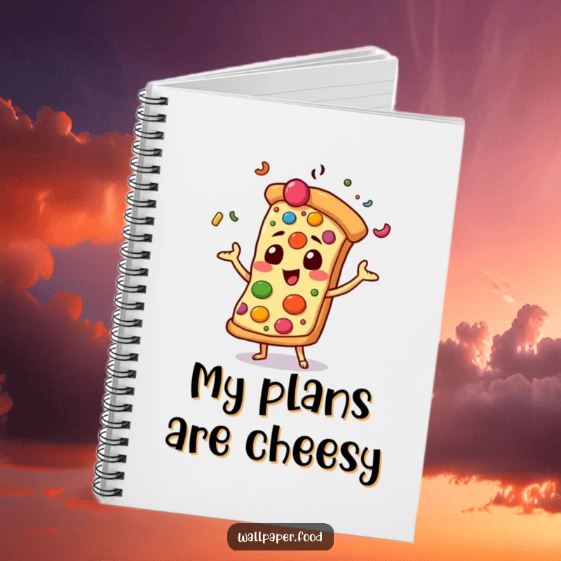 Funny notebook with a pizza slice character joyfully juggling colorful toppings, inspiration for all your notes and doodles.