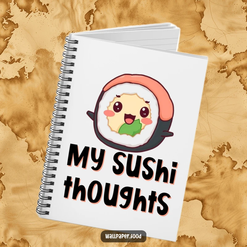 Funny notebook with a delighted sushi roll with beady eyes happily bouncing, perfect for taking notes with Japanese food flair. A funny gift.