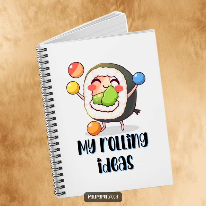 Funny Sushi Juggling Notebook with a grinning sushi roll character and tiny feet, expertly juggling three colorful balls, ideal for journaling.