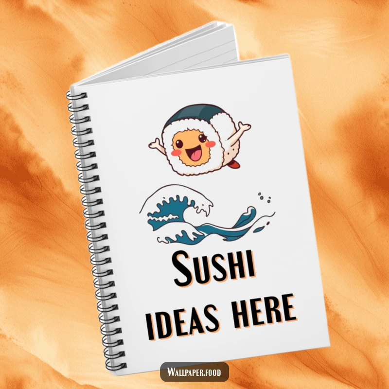 Funny sushi notebook with a cheerful sushi roll character leaping over stylized wave patterns, ideal for capturing thoughts.