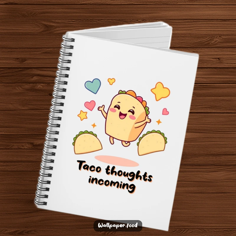 Funny taco notebook featuring a smiling taco character dancing joyfully, surrounded by floating taco shapes, ideal for jotting down fun.