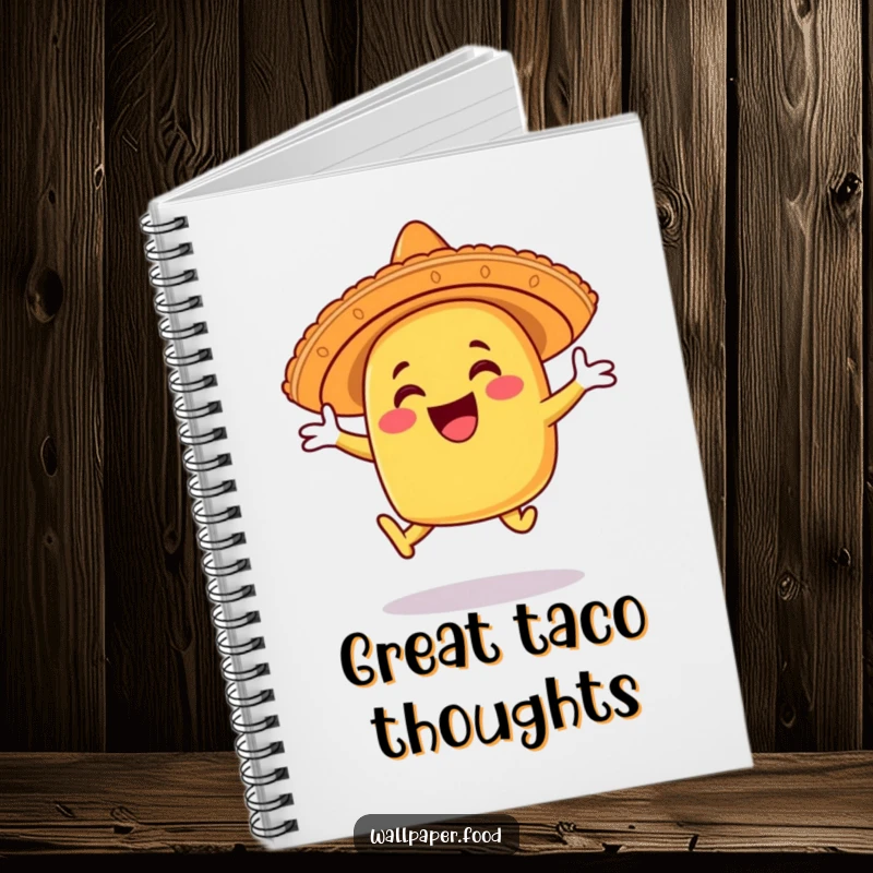 Funny taco notebook character in a sombrero, leaping joyfully, ready for your notes and brilliant ideas.