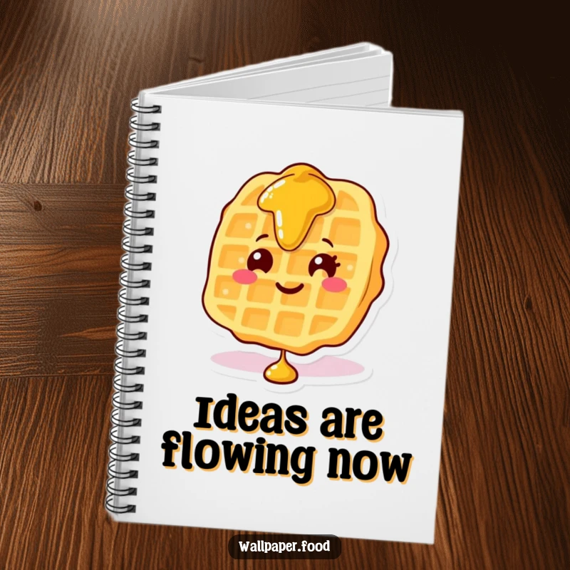 Funny notebook cover with a smiling waffle character with syrup cascading down, encouraging creative writing and note-taking.