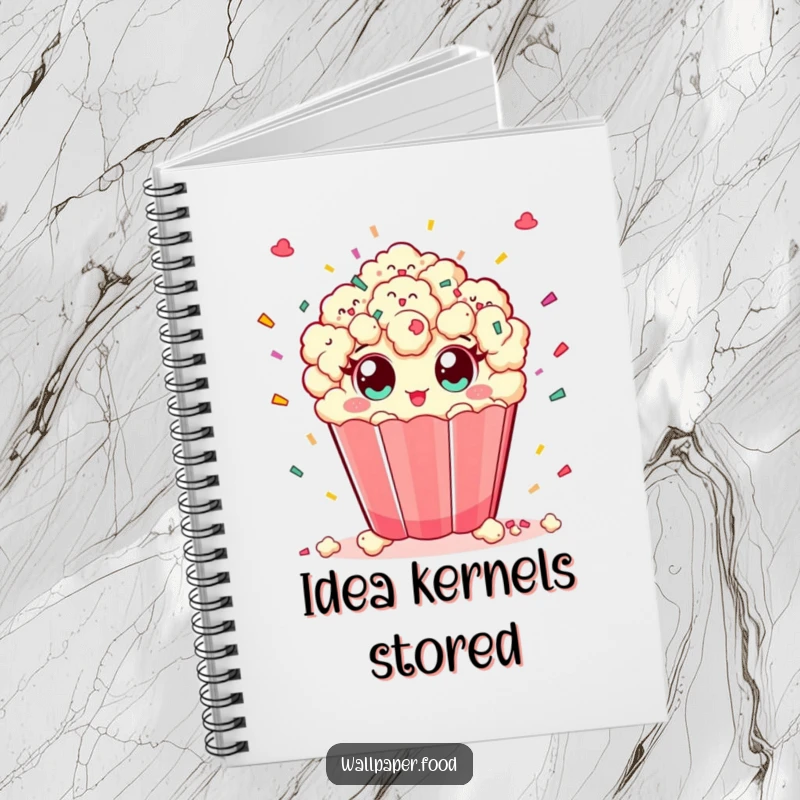 Funny notebook with a playful popcorn character with wide eyes scattering confetti, perfect for jotting down party plans.