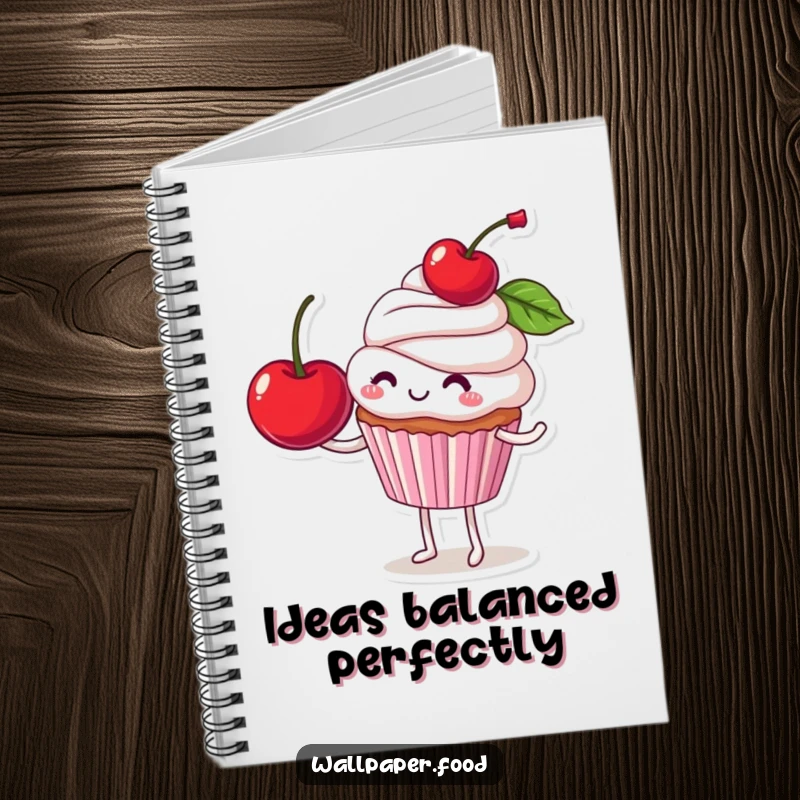 Funny notebook cover with a smiling cupcake character balancing a huge cherry, encouraging creativity and lighthearted note-taking.