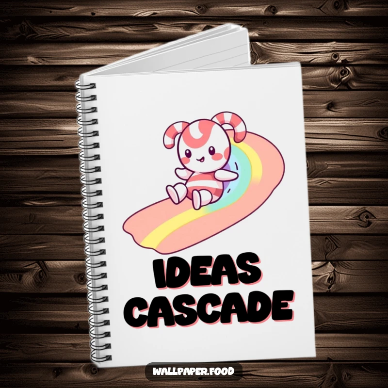 Funny notebook cover featuring a happy candy cane character enjoying a slide down a colorful rainbow made of playful sprinkles.