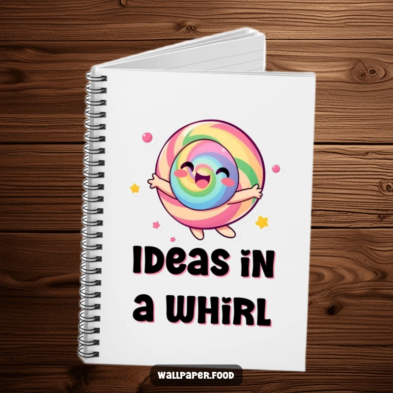 Funny candy character notebook, with pages seemingly spinning with vibrant colors, encouraging joyful writing.