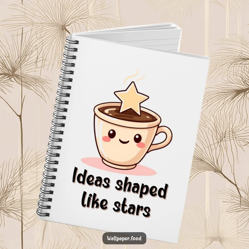 Funny notebook cover with a coffee cup character with steam artfully shaped like a star, encouraging bright ideas.
