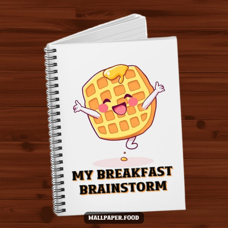 Funny notebook featuring a waffle character with syrup dripping while doing a cartwheel, ideal for creative writing.