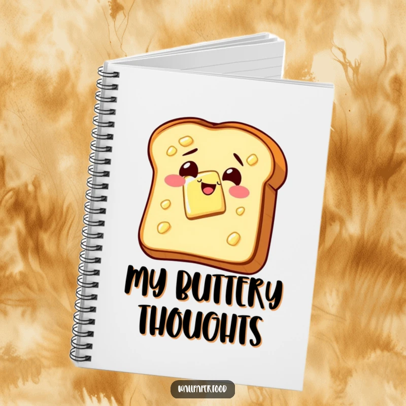 Funny notebook cover with a slice of buttered toast wiggling with glee, perfect for jotting down humorous thoughts and breakfast plans.