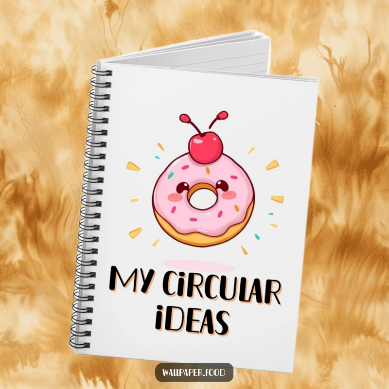 Funny notebook featuring a donut character with a cherry topping spinning wildly, perfect for jotting down energetic ideas.