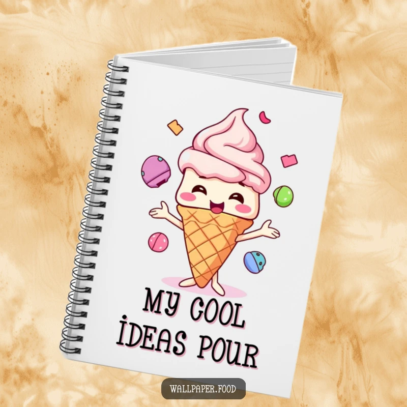 Funny Ice Cream Cone Notebook, a cute character juggling colorful scoops, perfect for jotting down sweet ideas.