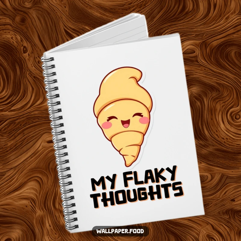 Funny notebook featuring a grinning croissant character giving an exaggerated wink, perfect for jotting down thoughts and recipes.