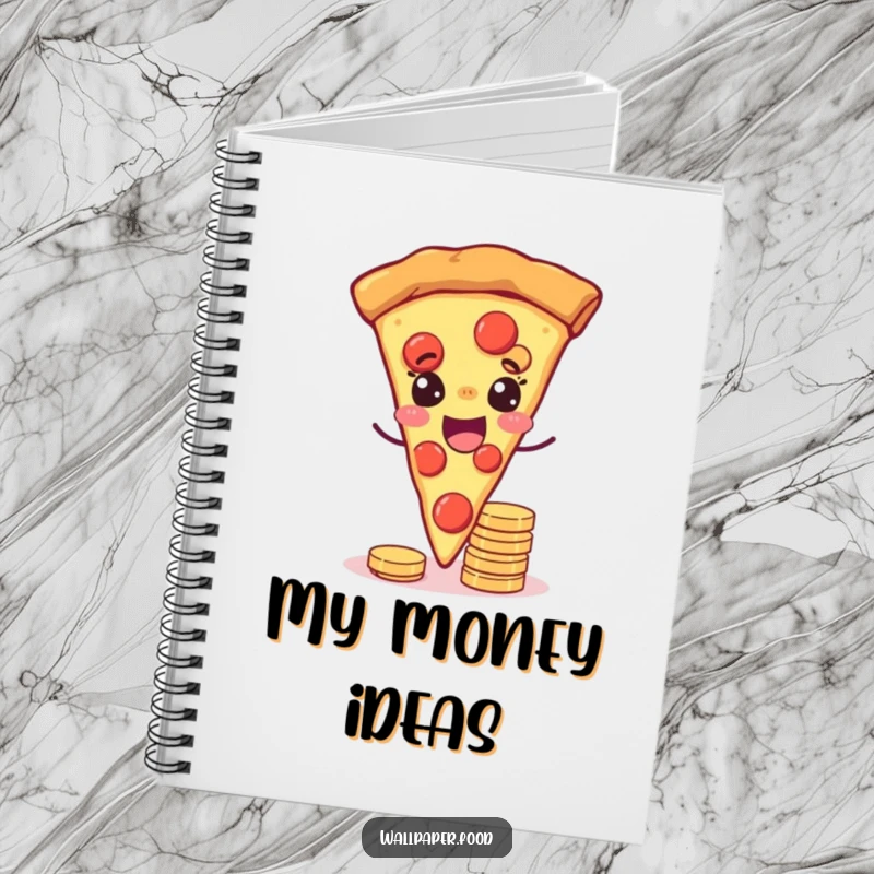 Funny notebook with a joyful pizza slice winking while balancing coins, designed for jotting down lucky ideas.