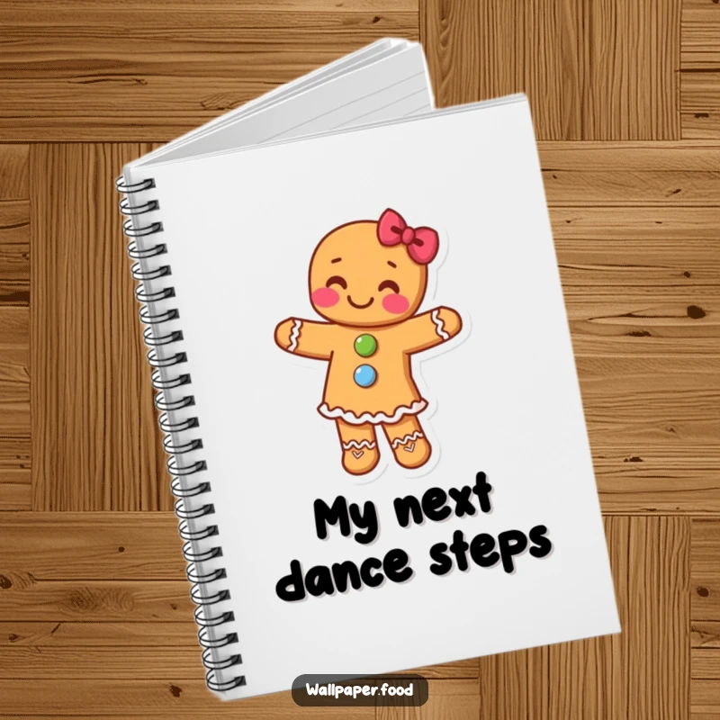 Funny notebook with a gingerbread person character with candy buttons dancing gleefully, perfect for capturing creative ideas.