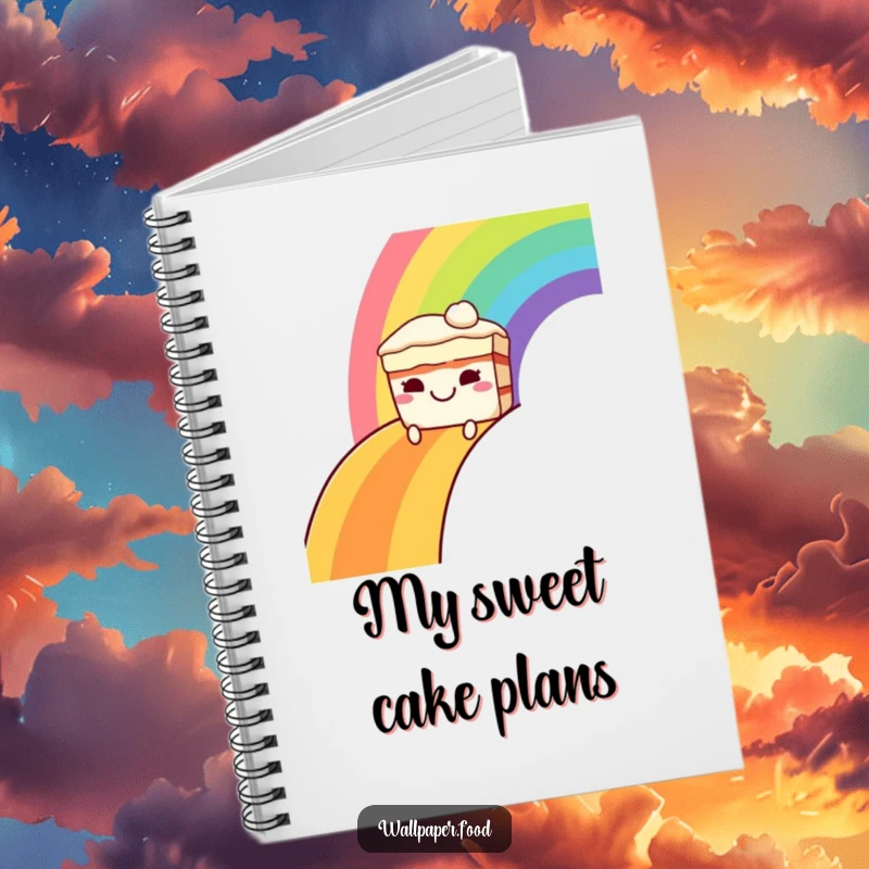 Funny notebook cover with a grinning cake character sliding down a bright rainbow, inspiring sweet thoughts and cheerful notes.