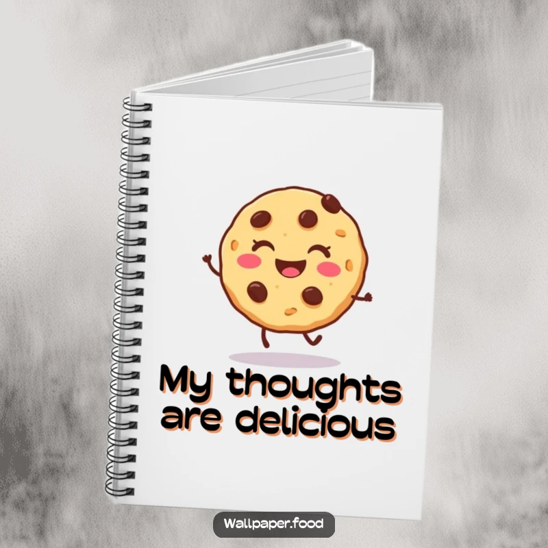 Funny cookie notebook with a smiling character doing a joyful hop, perfect for jotting down happy thoughts and plans.