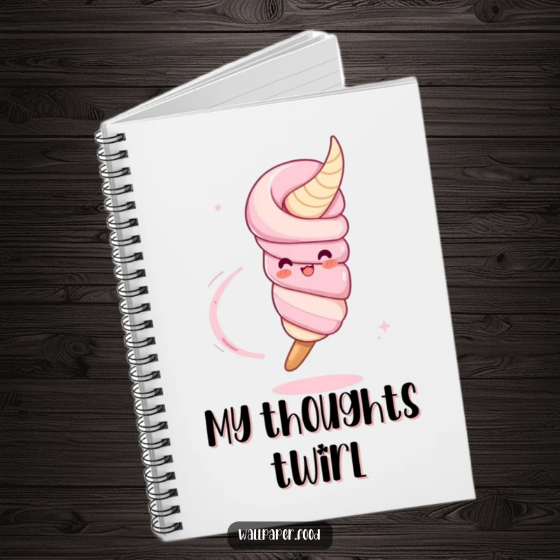 Funny notebook featuring a cute churro character twirling happily, leaving a sugar trail, inspiring sweet thoughts and creative writing.