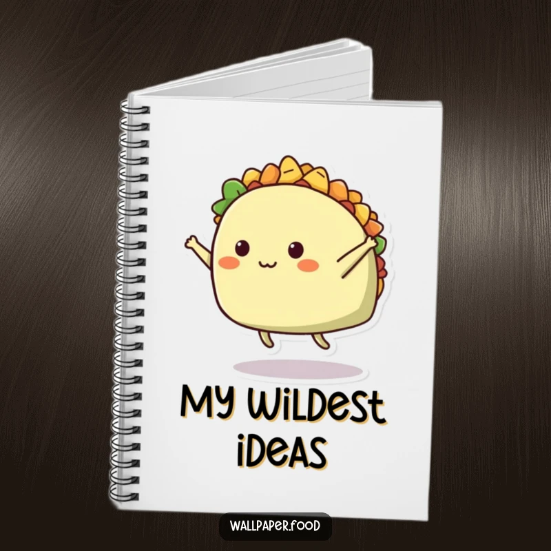 Funny notebook featuring a cheerful taco character in a mid-air split, perfect for capturing notes with comedic flair.