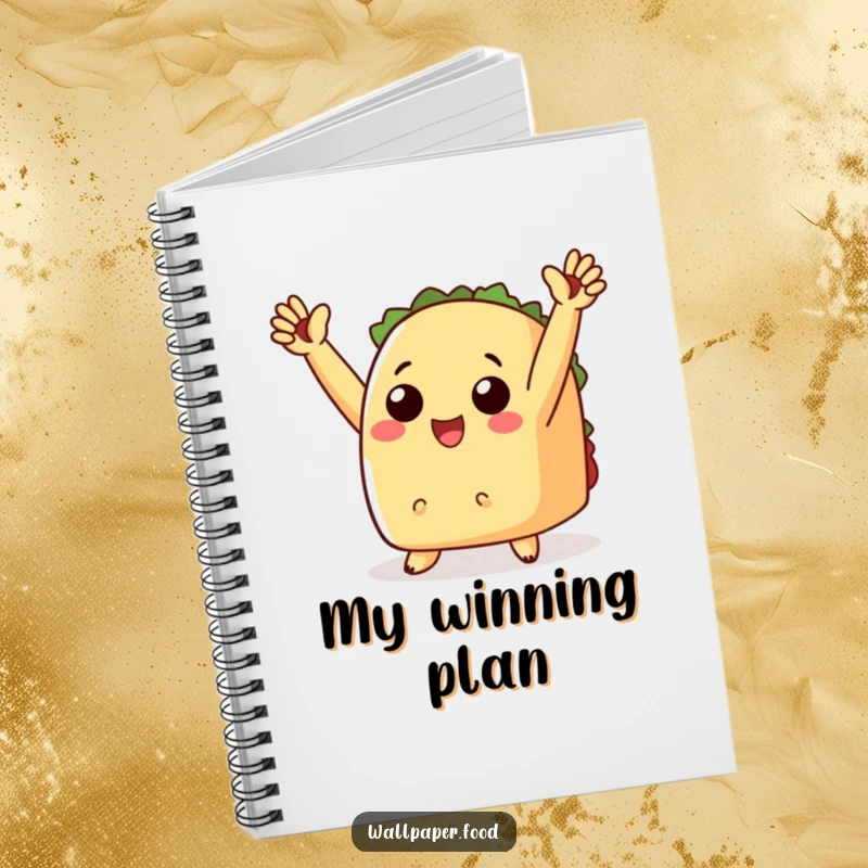Funny notebook featuring a cheering taco with tiny arms raised in triumph, great for planning and notes.