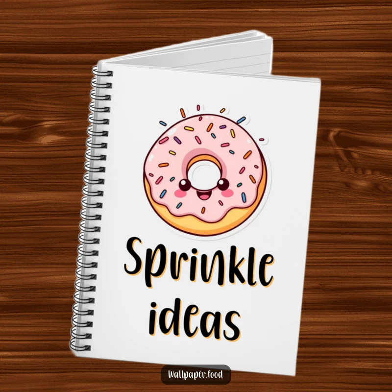 Funny notebook featuring a cheerful donut character with a halo made of colorful sprinkles, looking inspiring.