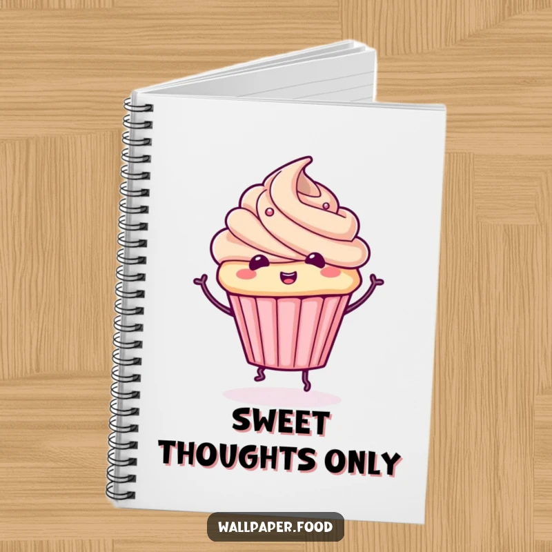 Funny cupcake notebook with a cute character doing a whimsical spin, perfect for jotting down sweet thoughts and plans.