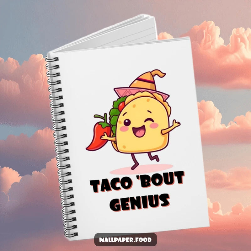 Funny notebook with a cover showing a happy taco in a hat dancing with a chili pepper, ideal for capturing spicy ideas.