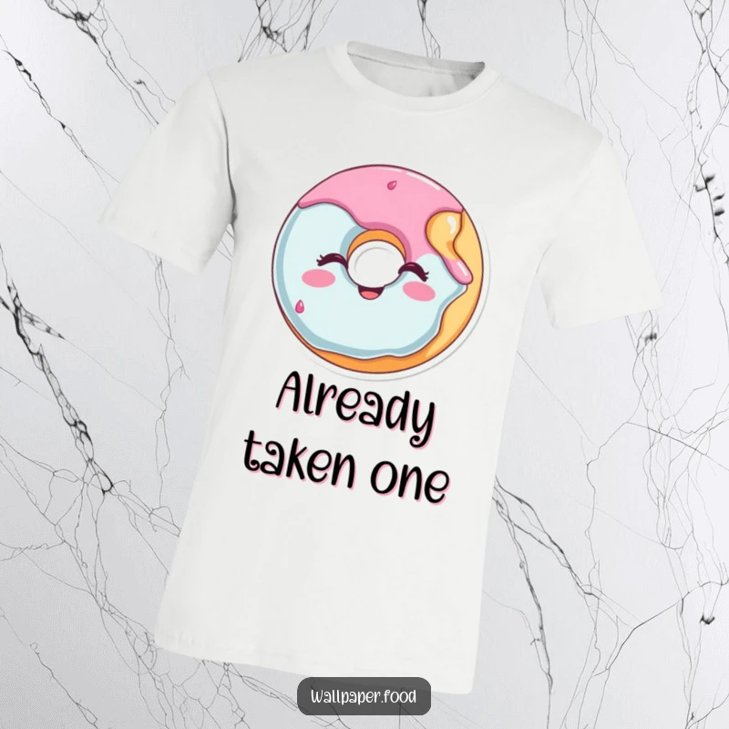 Funny winking donut t-shirt featuring a happy character missing a bite, radiating joy and playful energy.