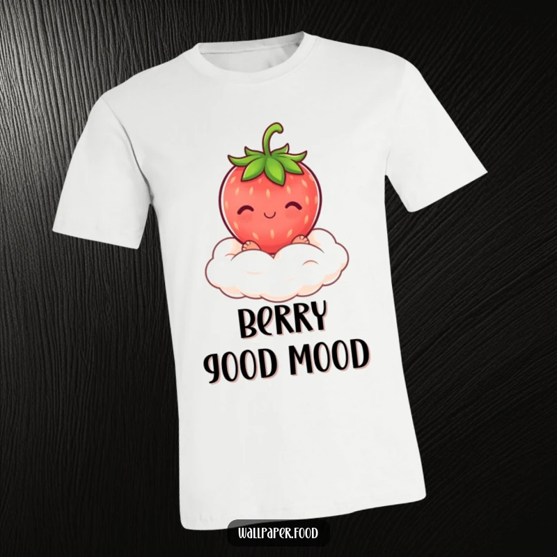 Funny blushing strawberry character perched on a cream cloud, featured on a t-shirt, exuding cute and funny vibes.