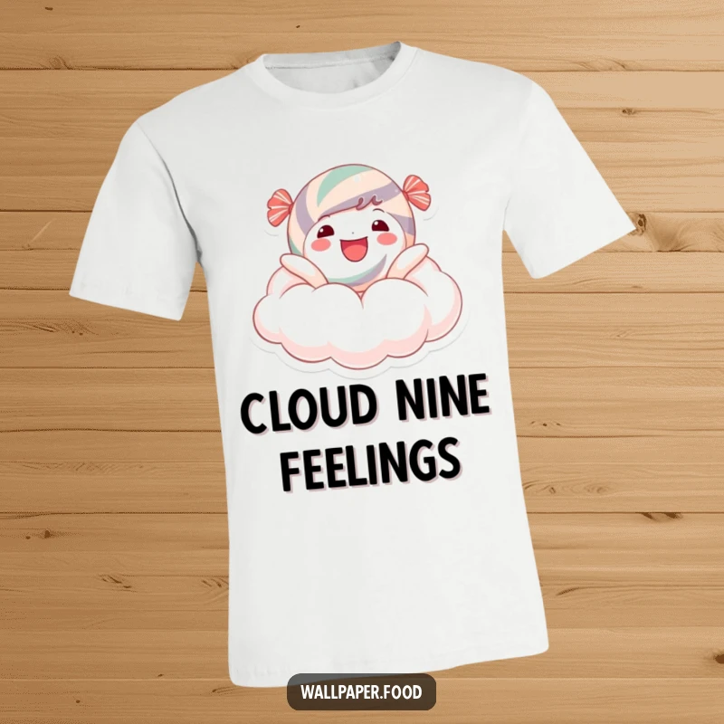 Funny T-Shirt: A cheerful candy character blissfully floating on a cloud of sugar, representing pure joy and sweet escapism.