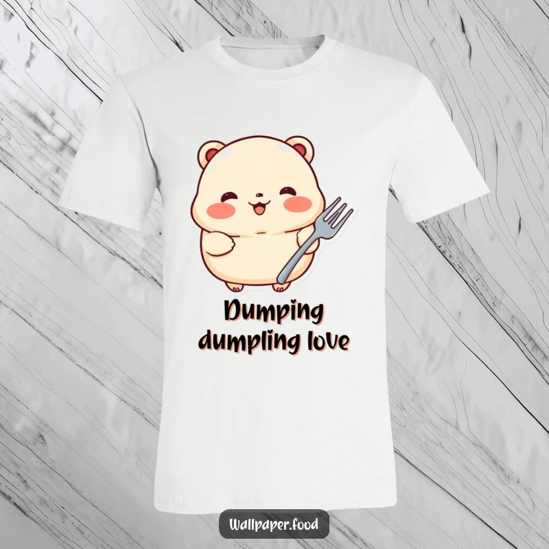 Funny t-shirt featuring a proud dumpling with rosy cheeks, holding a tiny fork, ready to conquer any meal with charm.