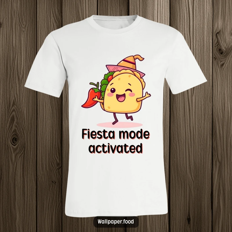 Funny t-shirt showcasing a cheerful taco with a hat dancing enthusiastically alongside a salsa-ready chili pepper, radiating pure joy.