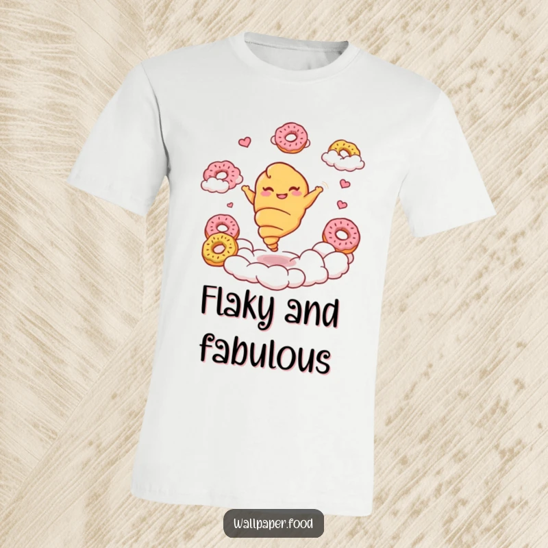 Funny croissant t-shirt showing a giggling croissant character doing a delightful twirl among sweet donut clouds, embodying joy.