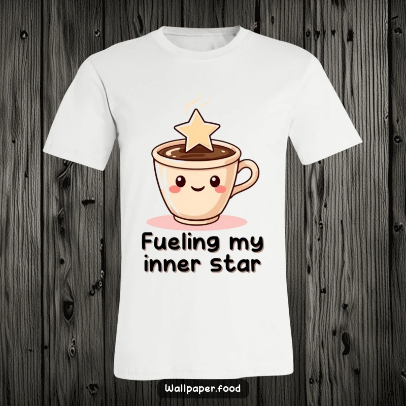 Funny T-shirt depicting a coffee cup character with steam elegantly forming a bright, stylized star.