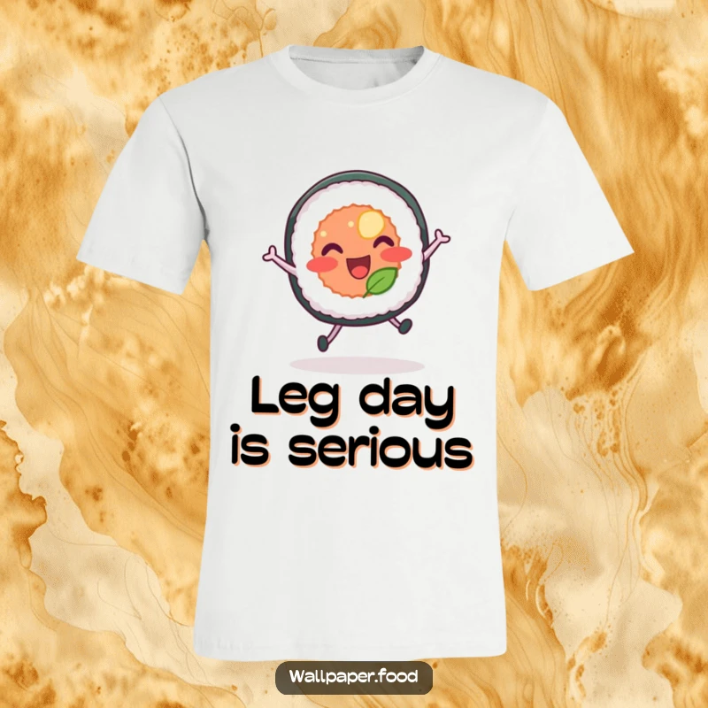 Funny t-shirt showcasing a sushi roll with legs joyfully leaping, full of energy and cartoonish glee.