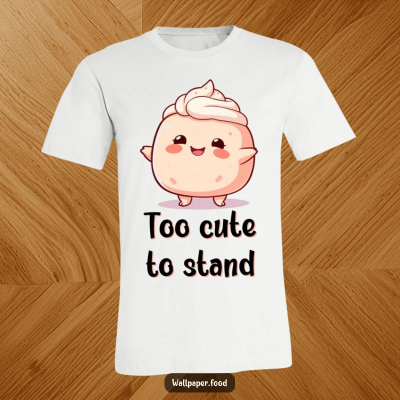 Funny plump cake character t-shirt, captured mid-wobble with an endearing, happy expression, perfect for sweet celebrations.